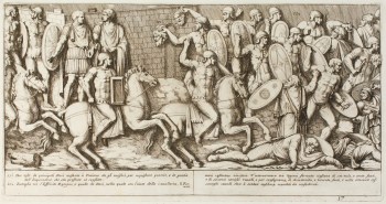 Pietro Santi Bartoli, Plate 17: Roman soldiers at right presenting two heads of Dacian prisoners before emperor Trajans
