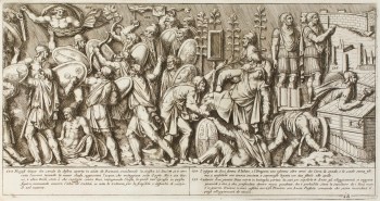 Pietro Santi Bartoli, Plate 18: Dacian and Roman soldiers asking for Jupiter&#39;s protection, a group of men at centre carrying the dead body of a Dacian prisoner