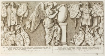 Pietro Santi Bartoli, Plate 58: the personification of Victory writing on a shield 