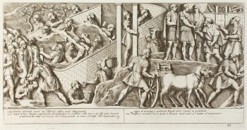 Pietro Santi Bartoli, Plate 45: Emperor Trajan receiving two Dacians while Roman soldiers build new fortifications