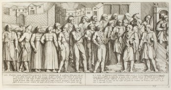 Pietro Santi Bartoli, Plate 75: Dacian and Sarmatian soldiers sent to Emperor Trajan in order to establish the condition for the peace