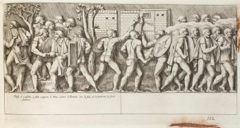 Pietro Santi Bartoli, Plate 112: Roman soldiers setting fire to the Dacian fortifications 