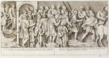 Pietro Santi Bartoli, Plate 62: emperor Trajan entering a Roman town through a triumphal arch