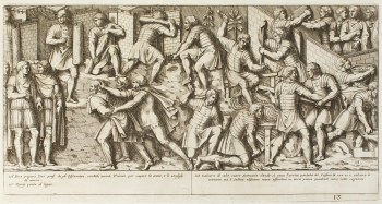 Pietro Santi Bartoli, Plate 13: two Dacian prisoners being presented before Emperor Trajan while other soldiers building fortifications