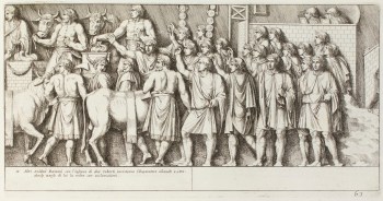 Pietro Santi Bartoli, Plate 63: a group of Roman soldiers greeting emperor Trajan