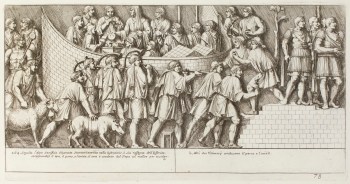 Pietro Santi Bartoli, Plate 78: two men bringing the bull, the ram and the pork for the sacrifice 