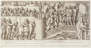Pietro Santi Bartoli, Plate 35: Emperor Trajan discussing with soldiers a plan to fight the enemies