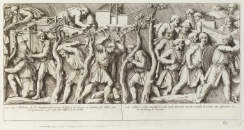 Pietro Santi Bartoli, Plate 69: a group of men cutting trees and consolidating buildings