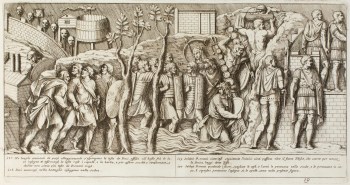 Pietro Santi Bartoli, Plate 19: battle scene with Dacians Dacians fleeing and the Romans and victorious Roman soldiers crossing Tisa river with trophies