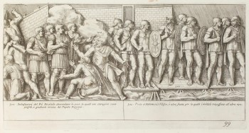 Pietro Santi Bartoli, Plate 99: Dacian ambassadors kneeling before Emperor Trajan asking for peace