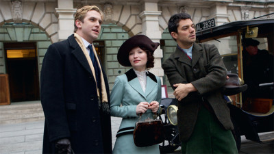 The Royal Academy becomes the setting for Summer in February, starring, from left, Dan Stevens, Emily Browning, and Dominic Cooper as Alfred Munnings