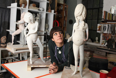 Sculptor Cathie Pilkington RA with works in progress in her London studio