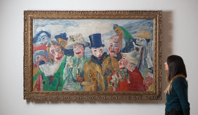 Installation view of 'Intrigue: James Ensor by Luc Tuymans' showing Ensor's 'The Intrigue', 1890. Oil on canvas. 90 x 149 cm. Koninklijk Museum voor Schone Kunsten, Antwerp, inv. 1856
