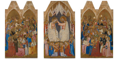 Jacopo di Cione and workshop, Adoring Saints: Left Main Tier Panel, The Coronation of the Virgin: Central Main Tier Panel and Adoring Saints: Right Main Tier Panel