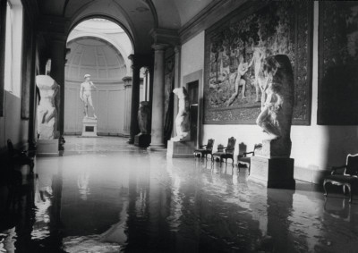 The flooded Accademia Gallery in Florence, in 1966, with Michelangelo’s David at the far end