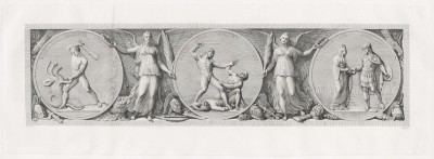 Michele Bisi after Andrea Appiani, "Tre medaglioni allegorici" (right to left): "La battaglia di Millesimo e il combattimento di Dego, 14–15 aprile 1796"; "Battaglia di Castiglione e combattimento di Pescheria, 5–6 agosto 1796"; "Resa di Mantova, 2 febbraio 1797"