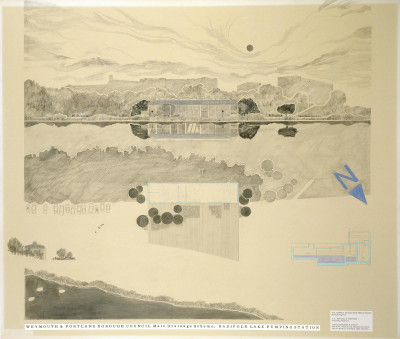 Leonard Manasseh RA, Design for Radipole Lake pumping station, for Weymouth and Portland Borough Council, Weymouth, Devon: plan, elevation and section, 9 April 1979