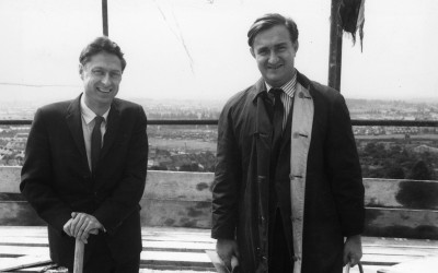 James Gowan and Jim Stirling topping out the Engineering Building, University of Leicester