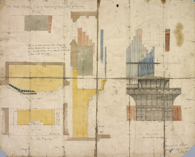 Norman Shaw RA, Design for organ case, Church of the Holy Trinity, Bingley, Yorkshire: plans, sections and elevation (recto)