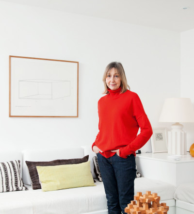 Cath Kidston with a Donald Judd screenprint of a cube in the old coachhouse of her Gloucestershire home (detail).