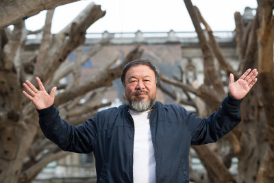 Ai Weiwei presenting his installation Tree in the courtyard at the Royal Academy of Arts, 2015