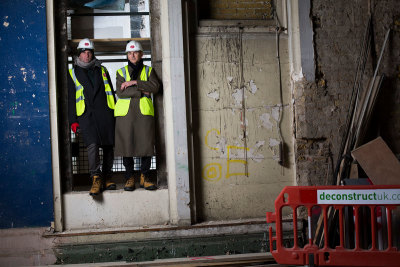 Designer Adrien Gardère and the RA’s President Christopher Le Brun don hard hats to visit the site of the new Collections Gallery in the RA’s Burlington Gardens