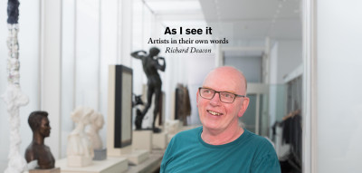 Richard Deacon RA in front of his sculpture installation, made up of works from the RA Collection