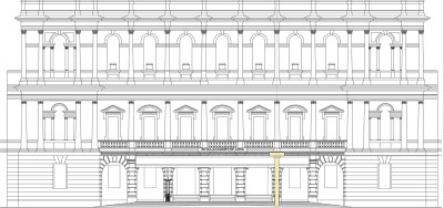 Elevation of Burlington House showing the relationship to Alvaro Siza's Sensing Spaces installation