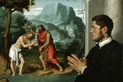 Giovanni Battista Moroni, A Gentleman in Adoration before the Baptism of Christ (detail)