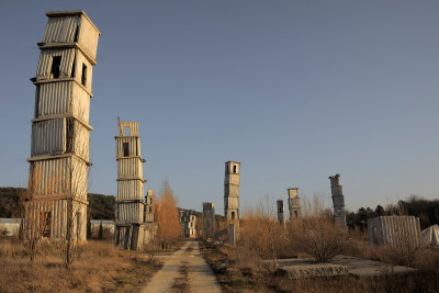 Kiefer’s towers punctuate the parched landscape around Kiefer’s studio complex at Barjac in southern France, 2012