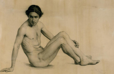 Alfred Ansell, Life drawing of a reclining male nude. This drawing was produced by Alfred Ansell while he was a student at the Royal Academy Schools.