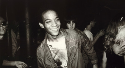 Jean dancing at the Mudd Club with painted t-shirt, 1979
