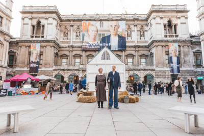 A recreation of Grant Wood's 'American Gothic' at RA Lates: America Dreaming, 2017.