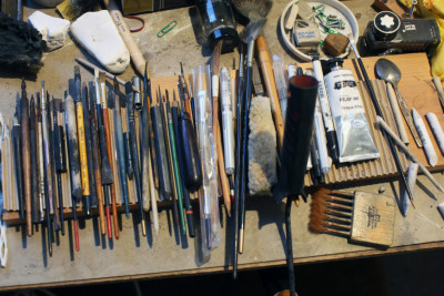Printmaking materials in the studio of Norman Ackroyd RA