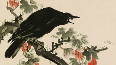 Kawanabe Kyōsai, Two Crows with ‘Crow Gourd’ (karasu–uri) (detail)