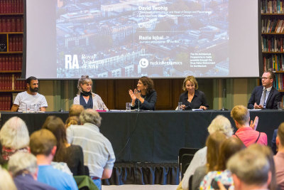 L-R: panellists Asif Khan, Amanda Levete, chair Razia Iqbal, Sarah Sands and David Twohig