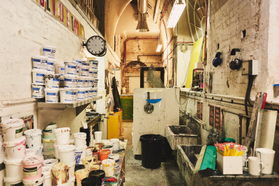 A stash of paint and pencils in the RA Schools, 2019