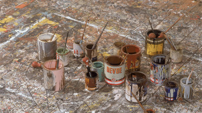 View of the paint-splattered floor of an art studio used by American artist Jackson Pollock, East Hampton, New York, April 1991