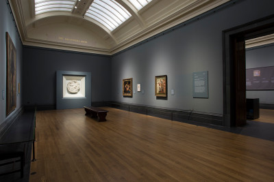 Installation view of the ‘Michelangelo & Sebastiano’ exhibition at the National Gallery, London, featuring the tondo
