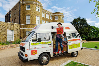 Bob and Roberta Smith RA with his campaign van, outside the William Morris Gallery in Walthamstow, London