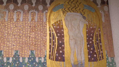 Installation view of Beethoven Frieze, 1901–02. Charcoal, black and coloured chalk and mixed materials on plaster, 215 x 630 cm. Österreichische Galerie Belvedere, Vienna. On long term loan to the Secession, Vienna