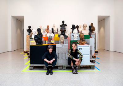 Alice Wilding RA and Cathie Pilkington RA with their installation 'The Ancestors'