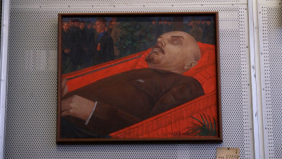 Kuzma Petrov-Vodkin's 'Beside Lenin's Coffin' (1924) shown in storage at the State Tretyakov Gallery, Moscow