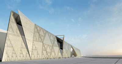 An architectural rendering of of the Grand Egyptian Museum, by Heneghan Peng Architects