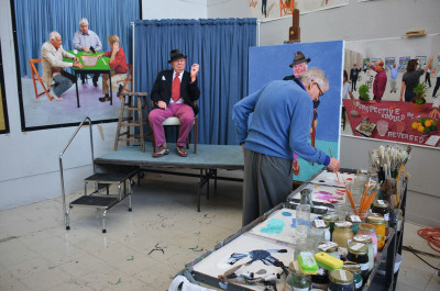 David Hockney painting Barry Humphries in Los Angeles, 27th March 2015