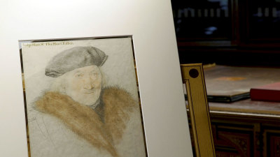 The interior of the Print Room of the Royal Library at Windsor, with Hans Holbein's chalk drawing 'Sir John More' (c. 1526–27) on display