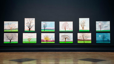 Installation view of 'David Hockney, The Arrival of Spring, Normandy, 2020' at the Royal Academy of Arts, London, 23 May — 26 September 2021.