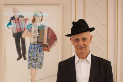 David Remfry RA in front of his work at Fortnum and Mason