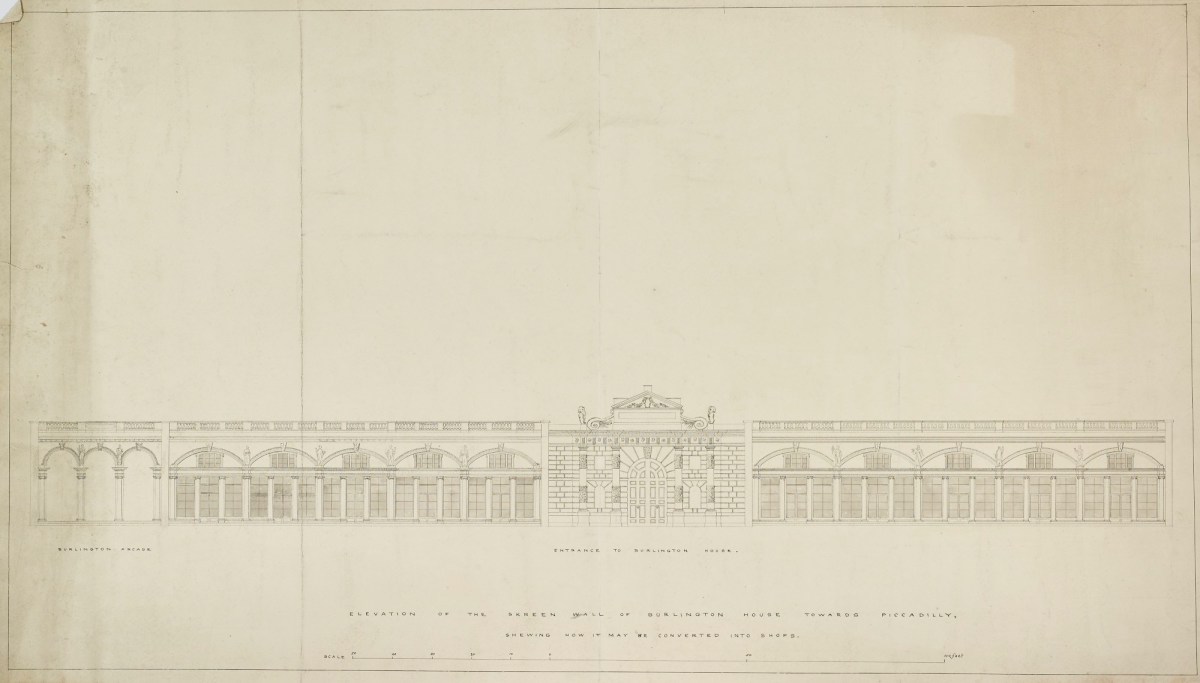 Samuel Ware, Design, unexecuted, for shops along Piccadilly wall, Burlington House, Piccadilly, Westminster, London: elevation