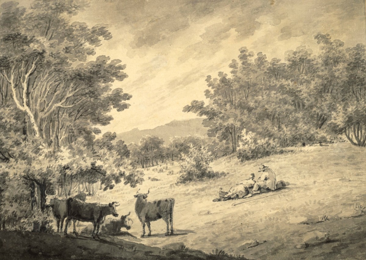 Paul Sandby RA, A wooded landscape with figures and cattle